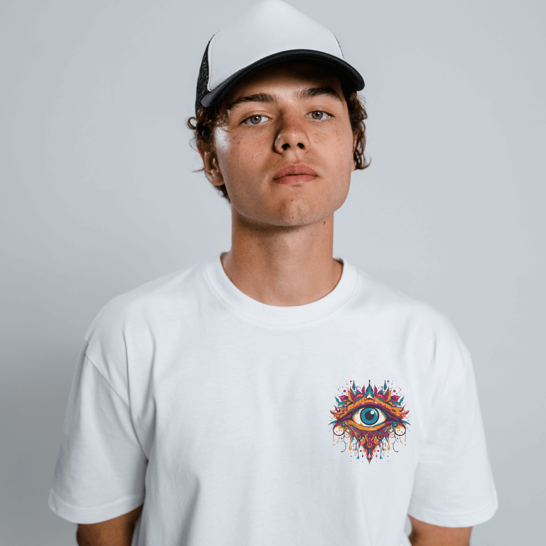 A man wearing the white 'All Seeing Eye' tee. The photo is taken from the front.