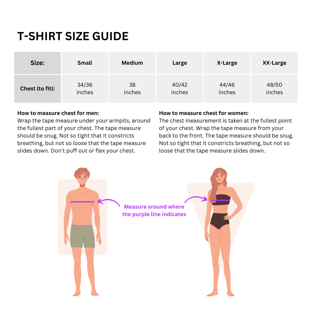 Size guide for the All Seeing Eye Tee. You can find sizes in the product description.