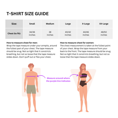 Size guide for the Conscious Calling tee. You can find sizes in the product description.