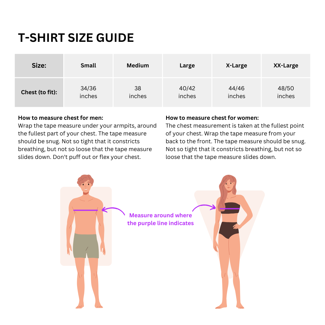 Size guide for the They Have Arrived tee. You can find all sizes in the product description.